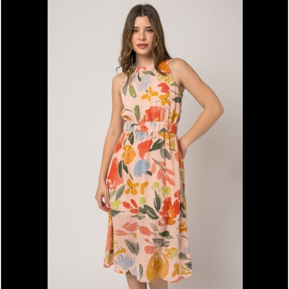 Kaileigh‎ Floral Halter Midi Dress Side Cutout Gingham Pink Small